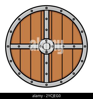 wooden round shield, cartoon color vector cartoon illustration, isolated on white Stock Vector