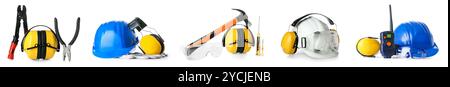 Collage of safety equipment and tools on white background Stock Photo
