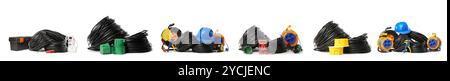 Collage of electric cables and electricians supplies on white background Stock Photo