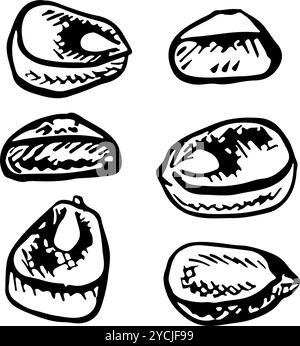 Corn kernels. A set of vector graphics depicting corn kernels. A black and white hand-drawn illustration. On a white background. Great for stickers, b Stock Vector