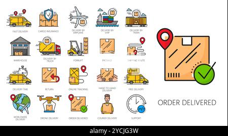Color cargo carriage service, logistics line icons of supply chain and shipping, vector pictograms. Delivery and storage warehouse, logistics icons of parcel tracking and courier express fast shipment Stock Vector