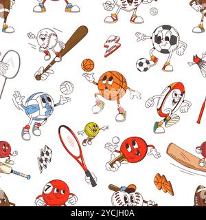 Retro groovy sport characters seamless pattern background, vector cartoon balls. Comic groovy sport characters pattern of funky volleyball and freaky baseball bat with rugby ball and badminton racket Stock Vector