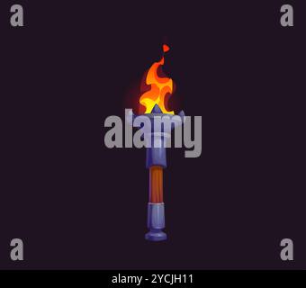 Game medieval fire torch with a bright burning flame, represents light, fire and adventure, for fantasy, pirate or historical game. Cartoon vector blazing torchlight with wooden handle and metal bowl Stock Vector