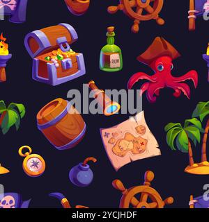 Cartoon game pirate characters and items seamless pattern. Vector tile backgrounds with treasure chest, map, rum bottle, octopus and compass, steering wheel, bomb, spyglass and palm tree with torch Stock Vector