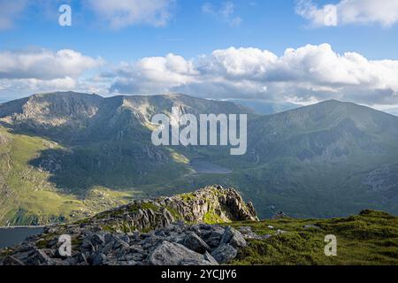 View over Llyn Idwal and Y Garn from the top of Pen yr Ole Wen. Stock Photo