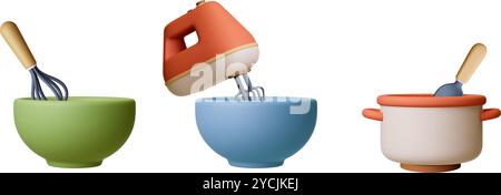 3d Cooking processes, 3d crockery. Ceramic bowl, saucepan on stove, whipping with mixer and whisk. Preparation for baking, vector realistic elements Stock Vector