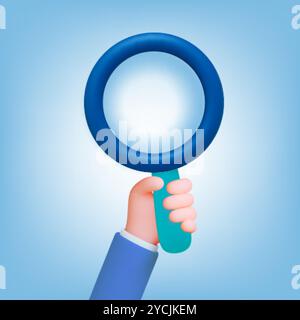 3d Search 3d concept. Hand hold magnifying glass. Businessman looking perspectives, searching business invest projects. Science research, scientist Stock Vector