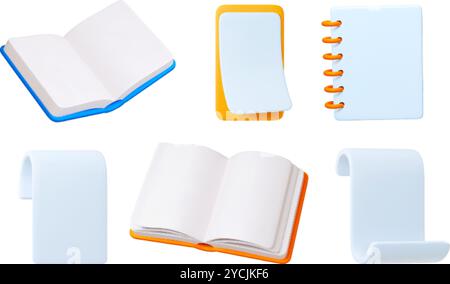 3d Paper for notes 3d icons. Open empty notebooks, sketchbooks notepad, papers sheets. Isolated realistic office or study accessories, vector set Stock Vector