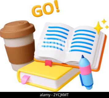 3d Education. Books 3d icons, coffee mug and pen. Motivational studying concept with realistic elements. Go to new knowledges, self learning, vector Stock Vector