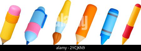 3d Stationery 3d icons. Yellow pencil pen blue crayon paintbrush stylus. Tools for drawing writing working with digital screen. Office school Stock Vector