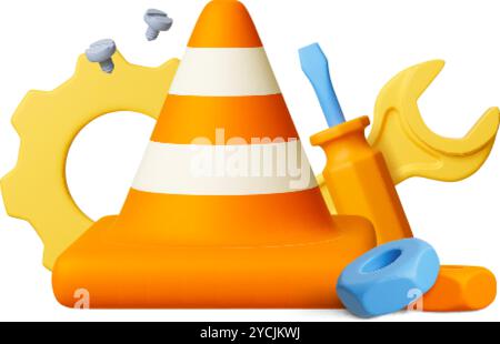 3d Repair 3d scene. Plastic traffic cone, screws, gears, nuts, screwdriver and adjustable wrench. Isolated renovation symbols, render realistic vector Stock Vector