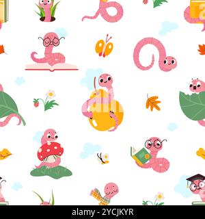 Cartoon worms seamless pattern. Funny earthworms reading sitting on fruit sleeping. Wild characters fabric print design, wrapping, nowaday vector Stock Vector
