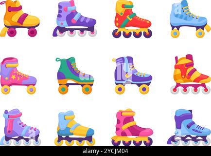 Roller skates. Vibrant retro sport roller skate, vintage 90s 80s style design of kids footwear on wheels. Roller skating equipment, sporty neoteric Stock Vector