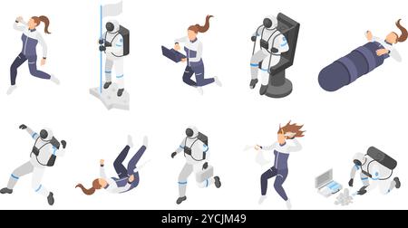 Isometric astronaut characters. Astronauts in spacesuits working and training, eating, sleeping at space station. Universe research, flawless vector Stock Vector