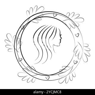 Female reflection in the mirror, woman face profile in the round frame, vector black line illustration Stock Vector