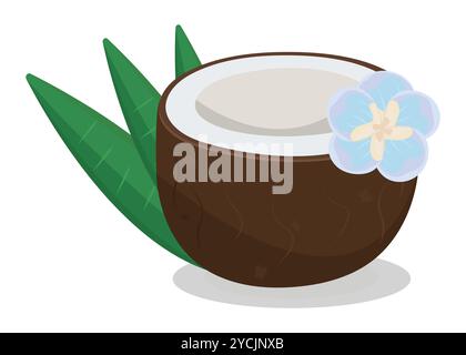 Half a coconut with a blue flower and three leaves, vector color illustration Stock Vector