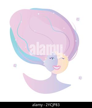 Cute growing, waxing moon in female guise, woman face, head with long hair, vector colorful gradient illustration Stock Vector