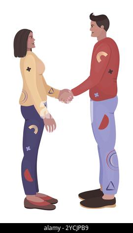 Woman and man handshake, flat characters, trendy disproportionate people in clothes with memphis style elements, vector color illustration Stock Vector