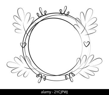 Black line and dotted round frame with leaves, hearts and crowns, vector monochrome illustration Stock Vector