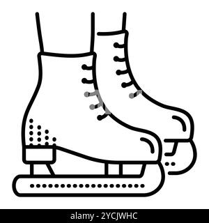 Two black line ice skates shoes on feet, ice skating icon. Vector monochrome illustration, editable stroke Stock Vector