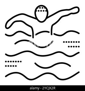 Swimmer in water, black line icon, swimming symbol. Vector monochrome illustration, editable stroke Stock Vector