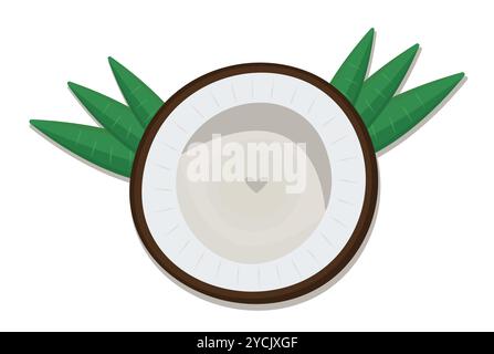 Coconut half with palm leaves, view from above, love to nuts, vector color illustration Stock Vector