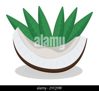 Piece of coconut and palm leaves on the background, juicy raw nut slice, vector colorful illustration Stock Vector