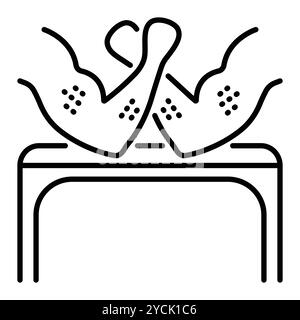 Black line arm wrestling icon, two muscular arms on a table. Vector monochrome illustration, editable stroke Stock Vector