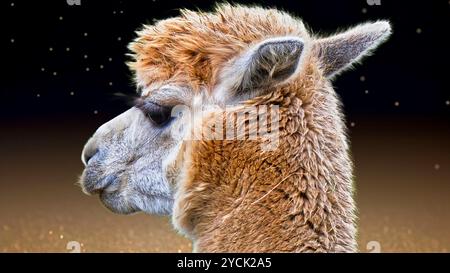 Beautiful reverse portrait view of an adorable beige thick woolly Alpaca Stock Photo