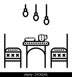 Kitchen room, dinner zone, table, two chairs and three ceiling lights, vector black line illustration, outline monochrome sign, editable stroke Stock Vector