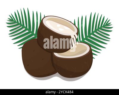 Three coconuts and two palm leaves, juicy ripe raw nut with delicious milk, colorful vector illustration Stock Vector