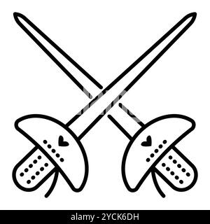 Black line fencing icon. Vector monochrome illustration of crossed epee, editable stroke Stock Vector
