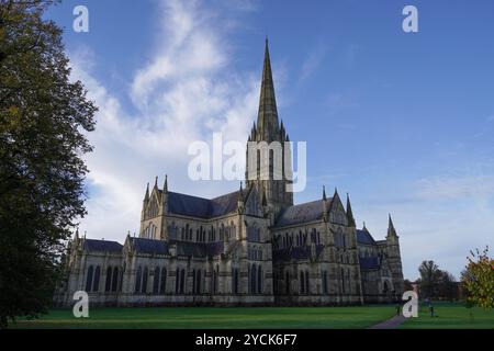 Beautiful 13th century church cathedral in city of Salisbury England. religious landmark with tall spire. Stock Photo