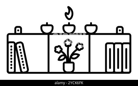 Wall shelf for small items - books, flowers, candles. Vector black line illustration, outline monochrome sign, editable stroke Stock Vector