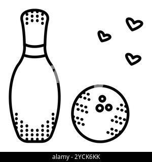 Bowling pin, ball and hearts. Vector monochrome illustration, icon of sport equipment, editable stroke Stock Vector