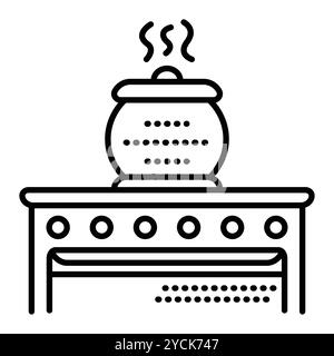 Stove with a pot in which a hot dish is prepared. Vector monochrome illustration, editable stroke Stock Vector