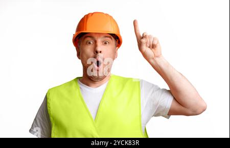 Builder Worker Pointing Finger Up Having Idea On White Background Stock Photo