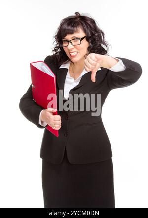Cheerful senior business woman with folder tumbs down Stock Photo