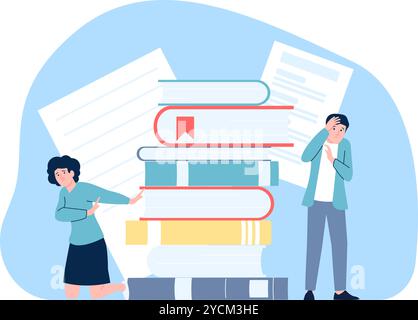 People dont want reading. Man woman scared pile of books. Education, a lot of information, info noise. Tired students or workers, burn out vector Stock Vector