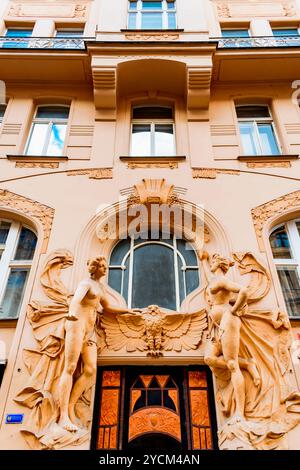 Sculptural decoration of the main entrance portal. The Široká 9 apartment building is a high-end Art Nouveau building. Josefov district, Prague, Czech Stock Photo