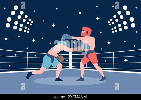 Boxers in ring. Two athletes in gloves and helmets fighting on competition. Boxing or kickboxing sparring in sport arena, fighters recent vector scene Stock Vector