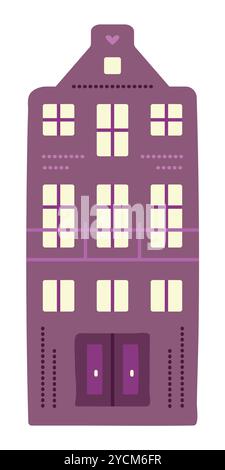 Single purple canal house in Amsterdam style, dutch architecture. Cute color Netherland building, preppy doodle, vector illustration Stock Vector