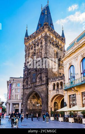 The Powder Tower or Powder Gate is a Gothic tower in Prague, Czech Republic. It is one of the original city gates. It separates the Old Town from the Stock Photo