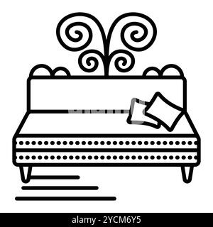 Sofa with two pillows, single vector black line illustration of a bed, couch outline monochrome sign, editable stroke, pixel perfect Stock Vector