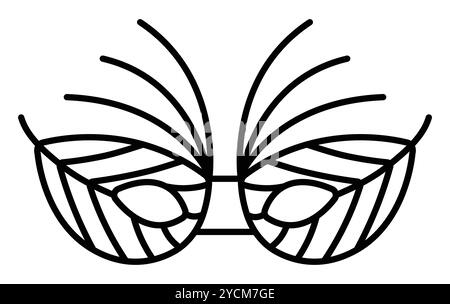 Eye masquerade mask in shape of leaves and with feathers, vector black line icon, editable stroke, simple pixel perfect illustration, experimental art Stock Vector