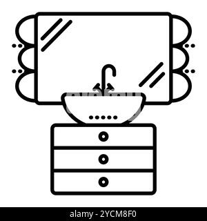 Washbasin, vanity unit and mirror, vector black line illustration, outline monochrome sign, editable stroke, pixel perfect Stock Vector
