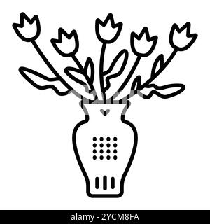 Vase with five tulips, bouquet of flowers, single vector black line illustration, editable stroke, pixel perfect icon Stock Vector
