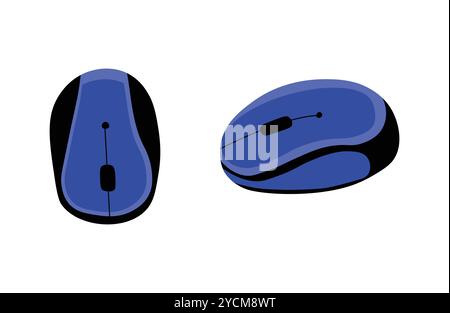 Flat illustrations set of blue mouse front and side view. Simple doodle style. Stock Vector