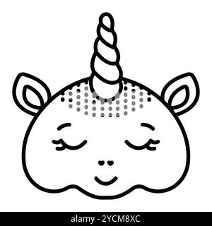 Sleeping unicorn muzzle, fabulous animal head, black line vector icon, editable stroke illustration, pixel perfect monochrome sign Stock Vector