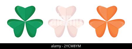 Three colorful irish clovers; leaves in green, white and orange colors like a flag of Ireland; the symbol of St. Patrick's Day, vector color illustrat Stock Vector